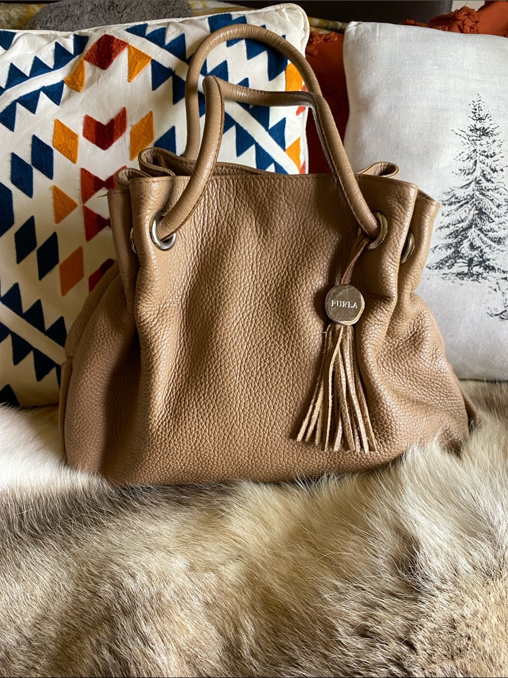 Furla Tan Pebbled Leather Tassel Shoulder Bag